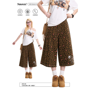 复古慵懒小众直筒短裤 NERESUM美式 新款 女夏季 豹纹爱心印花七分裤