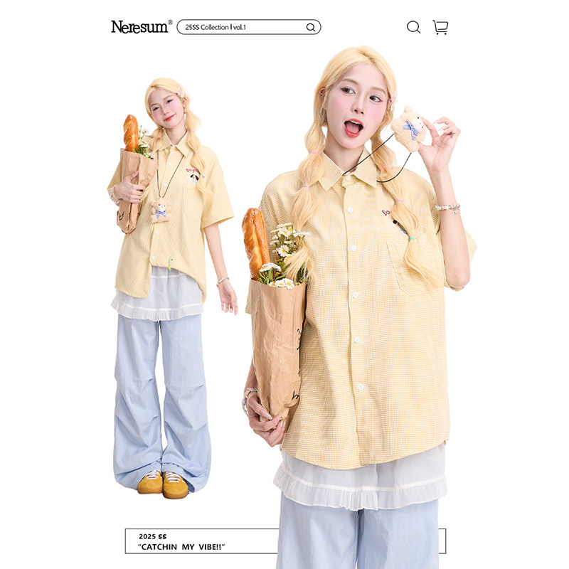 NERESUM小狗刺绣黄色格子短袖衬衫女潮牌复古新款慵懒休闲衬衣,女装/女士精品,衬衫,淘宝优惠券,粉丝福利购,淘宝优惠卷