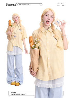 NERESUM小狗刺绣黄色格子短袖衬衫女潮牌复古新款慵懒休闲衬衣