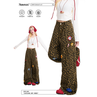 高街直筒裤 NERESUM豹纹工装 美式 女星星毛巾绣水洗阔腿裤 子 牛仔裤