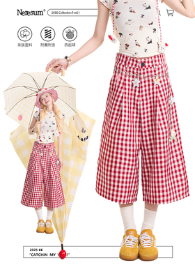 NERESUM复古红色格纹七分裤女美式褶皱街头小众直筒显瘦短裤中裤