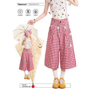 中裤 褶皱街头小众直筒显瘦短裤 女美式 NERESUM复古红色格纹七分裤