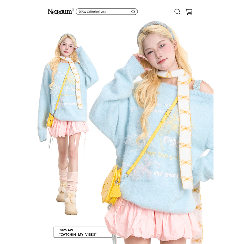 NERESUM韩系字母刺绣斜领毛衣