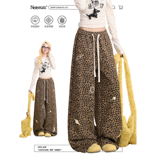 小众直筒裤 高街休闲阔腿裤 女美式 NERESUM卡通印花豹纹加绒卫裤