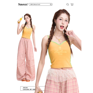 无袖 复古辣妹显瘦短款 上衣 字母刺绣吊带背心女夏季 NERESUM美式