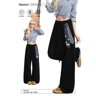 百搭运动裤 潮牌纯色可拆领带直筒裤 女美式 NERESUM黑色休闲卫裤