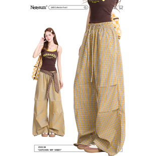 春夏显瘦伞兵休闲裤 潮牌褶皱阔腿裤 子女美式 NERESUM复古格纹裤