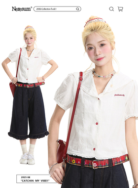 NERESUM夏季设计感白色短袖衬衫女海军领泡泡袖修身小众休闲衬衣