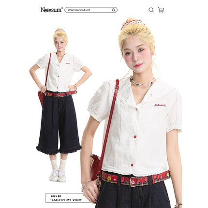 NERESUM夏季设计感白色短袖衬衫女海军领泡泡袖修身小众休闲衬衣