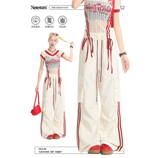 大口袋宽松休闲裤 NERESUM美式 女户外运动速干直筒裤 裤 子 条纹工装