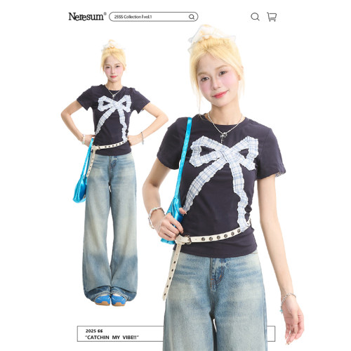 NERESUM甜酷蝴蝶结装饰短袖T恤女