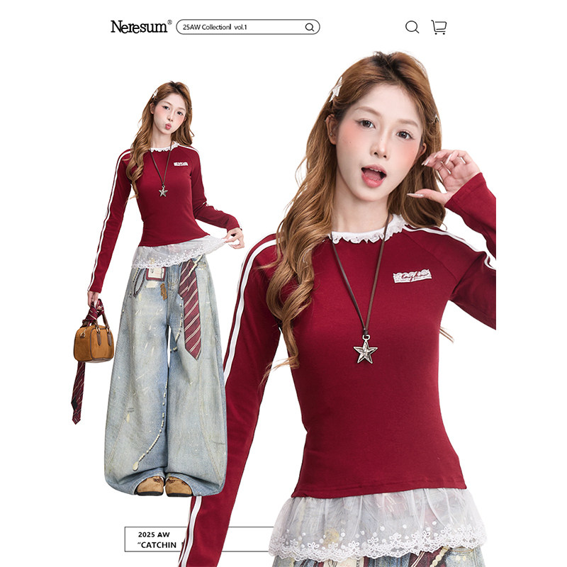 NERESUM甜美蕾丝条纹拼接红色长袖T恤女新年复古修身显瘦短款上衣,女装/女士精品,T恤,淘宝优惠券,粉丝福利购,淘宝优惠卷