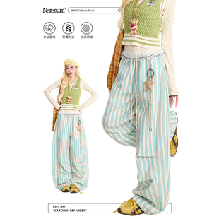 子阔腿裤 垂感显瘦休闲裤 女美式 新款 褶皱宽松裤 NERESUM复古条纹裤