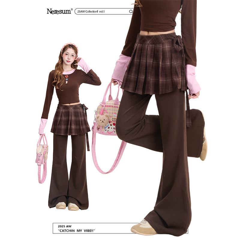 NERESUM格纹假两件卫裤女设计感修身显瘦微喇裤秋冬垂感休闲裤,女装/女士精品,卫裤,淘宝优惠券,粉丝福利购,淘宝优惠卷