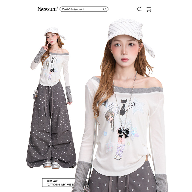 NERESUM轻亚风动漫少女一字领长袖T恤女亚萌感古早露肩短款上衣,女装/女士精品,T恤,淘宝优惠券,粉丝福利购,淘宝优惠卷
