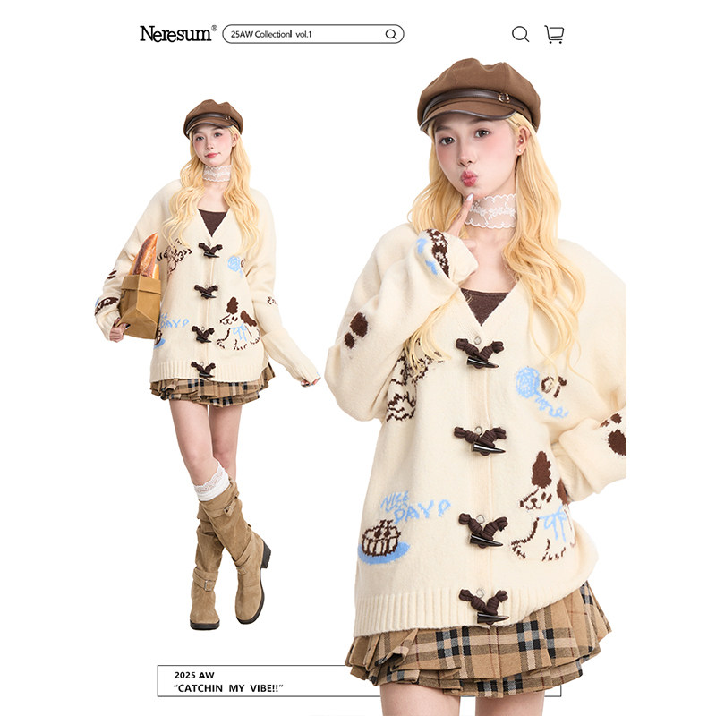 NERESUM趣味卡通提花牛角扣开衫毛衣女慵懒风宽松减龄针织外套,女装/女士精品,毛衣,淘宝优惠券,粉丝福利购,淘宝优惠卷