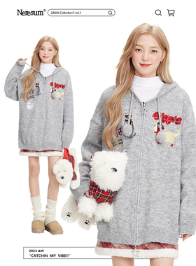 NERESUM小狗小猫开衫红色毛衣女秋冬日系甜酷慵懒风氛围感针织衫