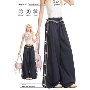 女新款 宽松直筒阔腿长裤 美式 裤 工装 NERESUM蕾丝条纹蝴蝶结休闲裤