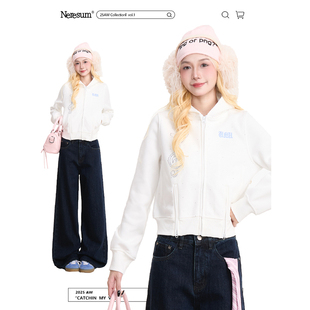 NERESUM音符烫钻刺绣开衫卫衣女秋冬设计感多拉链短款连帽外套