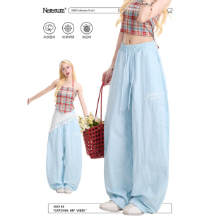 宽松显瘦休闲裤 NERESUM多巴胺蓝色工装 潮牌阔腿弯刀裤 女美式 裤