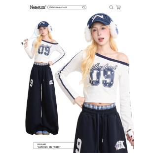 运动风甜辣短款 T恤女秋季 打底上衣 字母印花斜领长袖 NERESUM美式