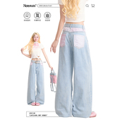 直筒休闲裤 新款 女百搭小众阔腿裤 NERESUM复古格子拼接水洗牛仔裤