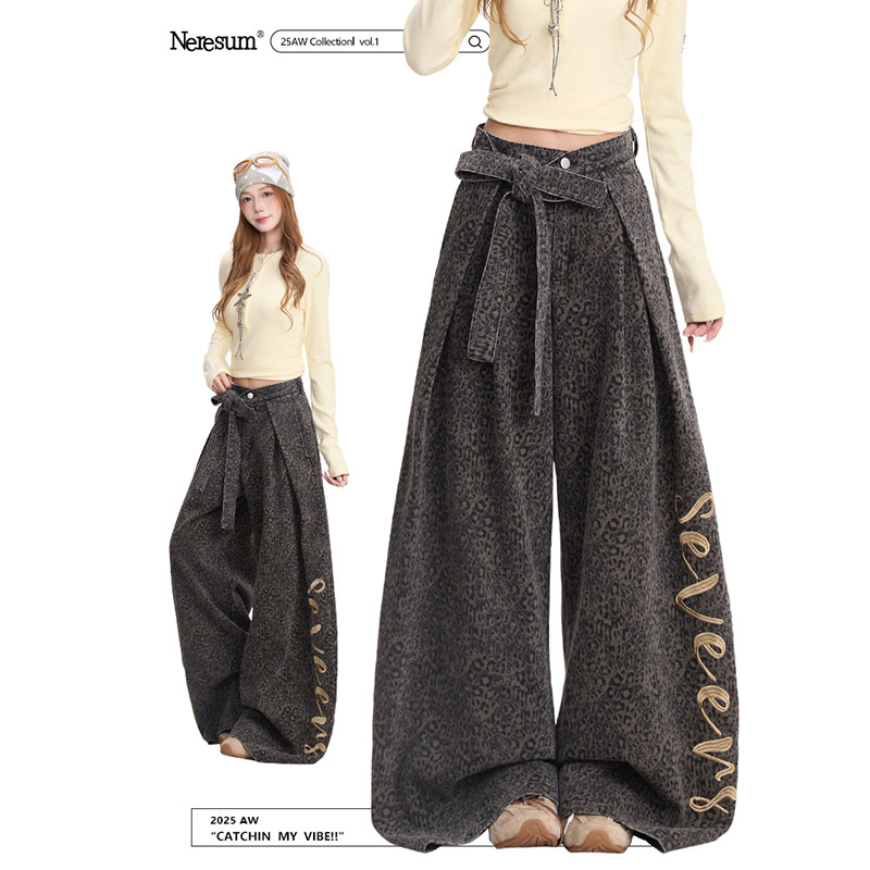 NERESUM美式字母刺绣豹纹裤子女复古绑带设计感直筒裤阔腿工装裤,女装/女士精品,休闲裤,淘宝优惠券,粉丝福利购,淘宝优惠卷