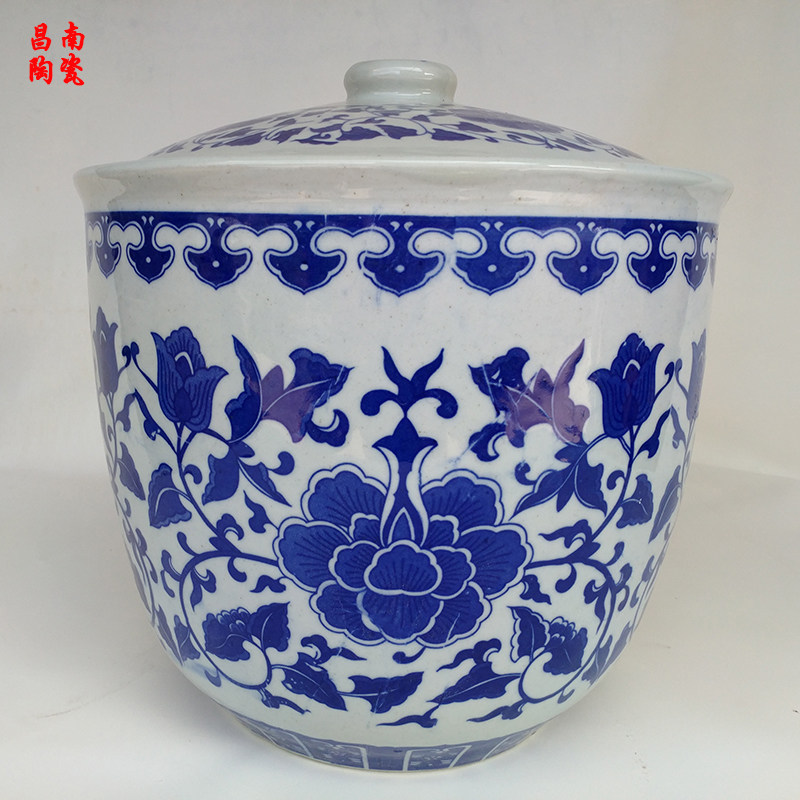 景德镇釉下青花陶瓷米缸酒糟淹肉缸油坛超市酱菜展示缸带盖环保瓷