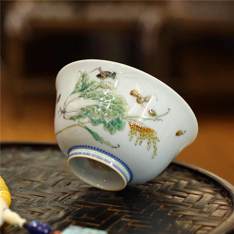 元水堂 纯手工珐琅彩白菜 百财 景德镇陶瓷 品茶杯 主人杯80ml