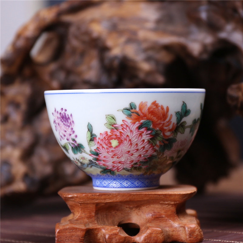 元水堂 珐琅彩菊花  高端茶具 手工茶杯 景德镇原矿  主人杯 65ML