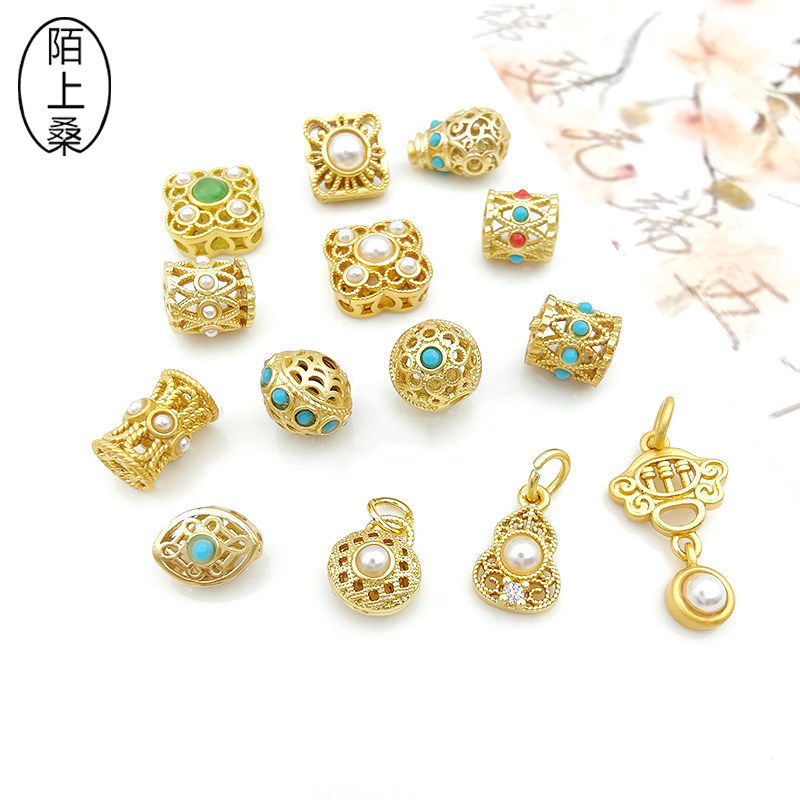 保色哑金18k镶嵌仿绿松珍珠碧玉圆柱隔珠吊坠diy手链项链配珠配件