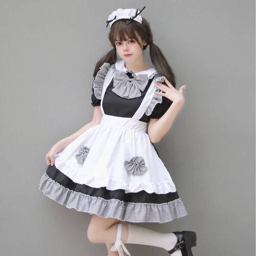 Cosplay日本动漫 新款4件套女仆装可爱公主裙 黑白格蝴蝶结女仆系
