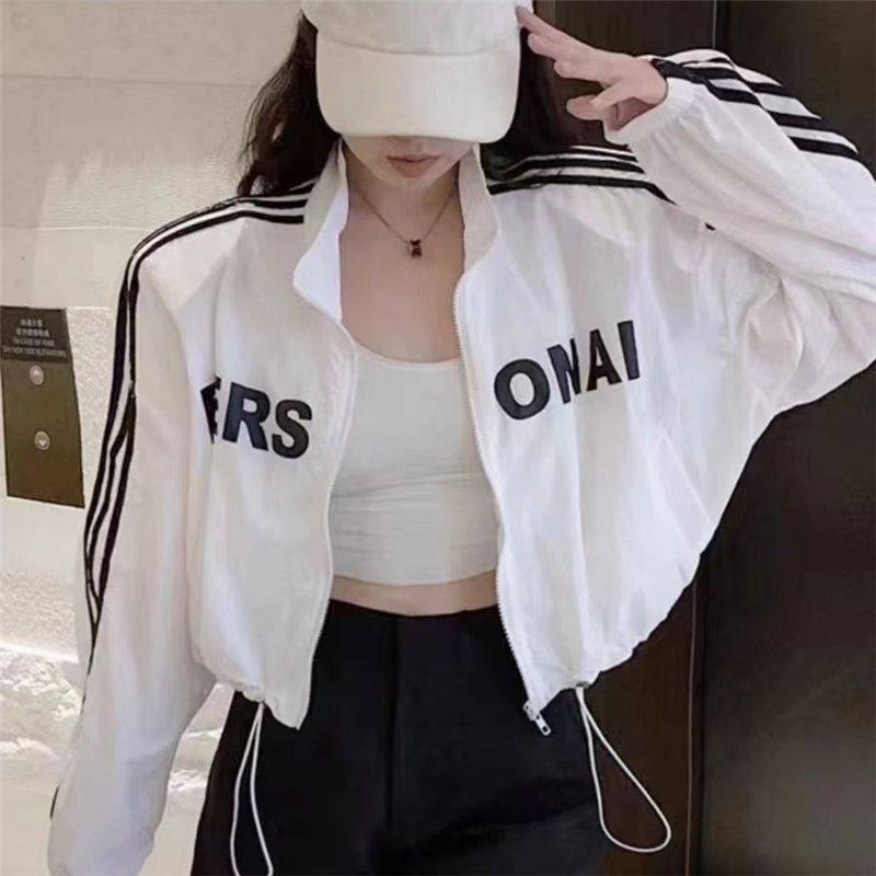 美式三条杠字母印花防晒衣女式2026夏季立领抽绳短款轻薄防晒外套