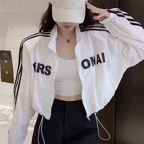 美式三条杠字母印花防晒衣女式2025夏季立领抽绳短款轻薄防晒外套