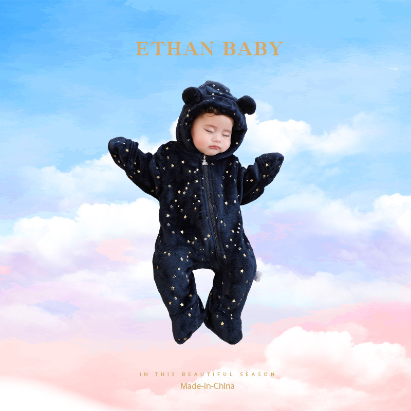 跨境新生儿衣服婴儿连体衣加绒春秋装外出服宝宝秋冬包脚哈衣爬服