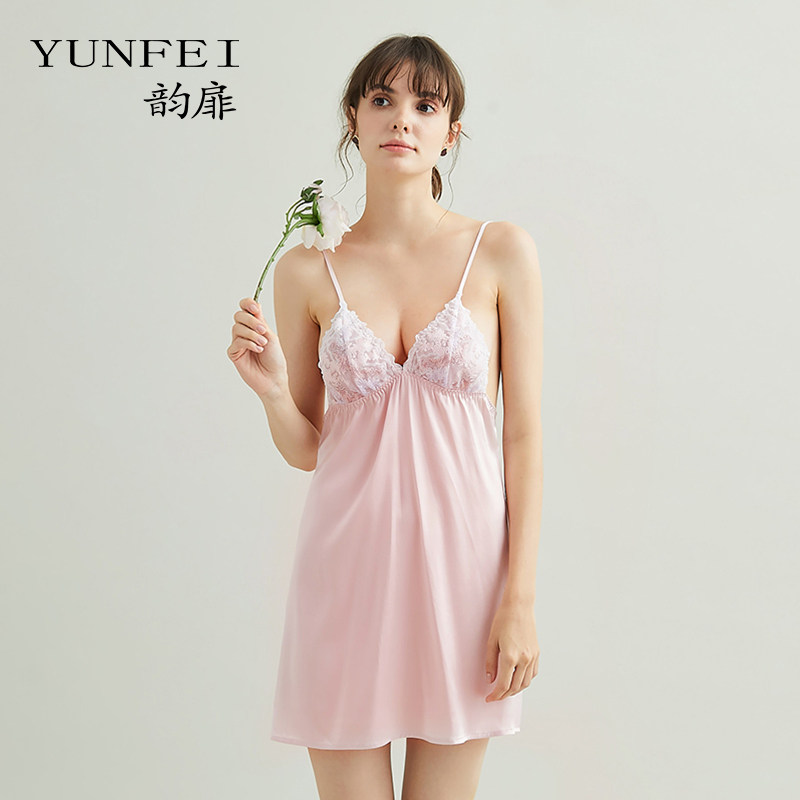 韵扉桑蚕丝睡衣女新款蕾丝花边性感吊带睡裙女士薄款短裙家居服