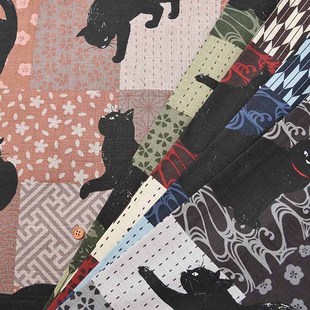 50cm日本进口纯棉和风竹节棉方块拼凑猫连衣裙衬衫拼布艺服装面料