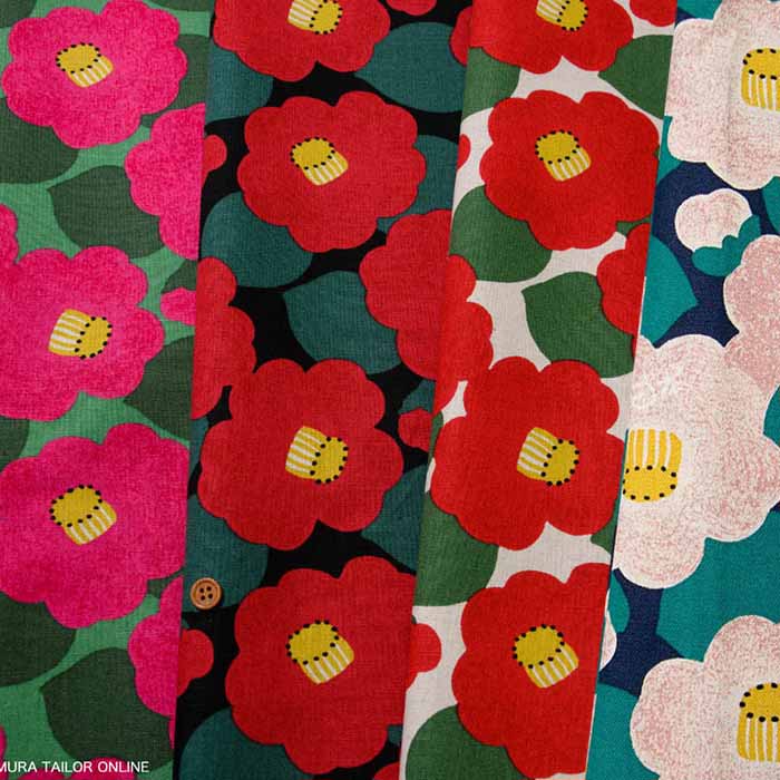 日本进口棉麻印花布料和风山茶花厚款帆布椿坐垫沙发套包面料现货