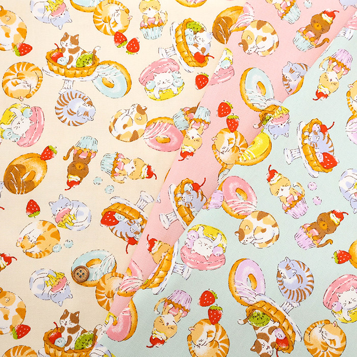 50cm日本进口纯棉牛津细帆布甜点猫咪甜甜圈手工DIY拼布艺面料