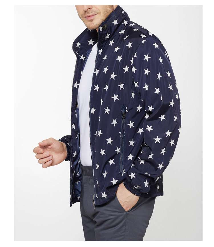 男式立领五角星深蓝色隐藏连帽休闲夹克ykk拉链jk0542