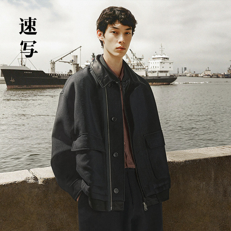速写男装秋冬新款翻领夹克拼接设计休闲宽松时尚潮流外套短款上衣