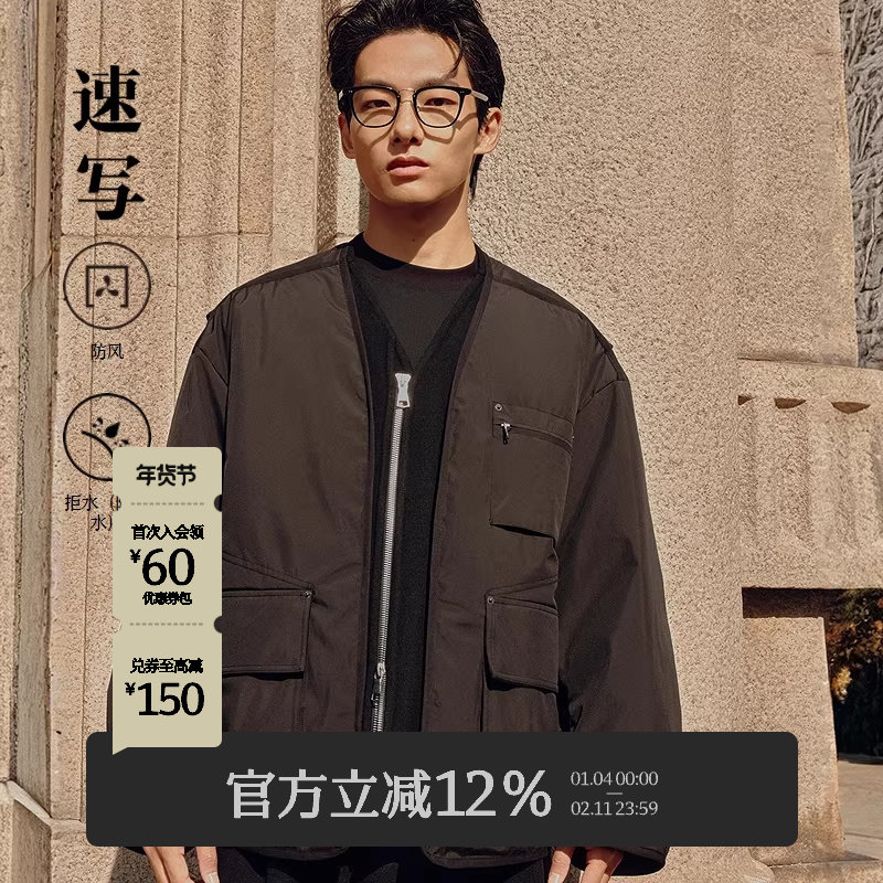 速写男装秋冬新款轻薄羽绒服宽松潮流假两件短款设计感外套潮复古