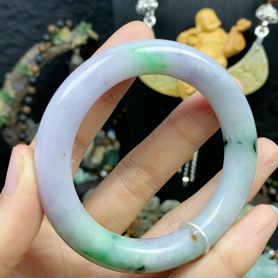 天然A货缅甸翡翠春彩圆条手镯卡53.6有纹