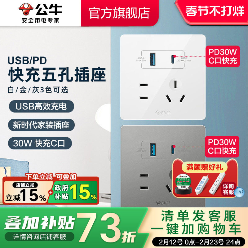 公牛开关插座type-cPD快充USB五孔插座面板苹果充电86型G12