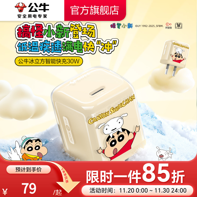 【苹果17首选】公牛蜡笔小新IP联名冰立方充电头适用苹果充电器线iPhone17P快充头16手机typec数据线正品30W