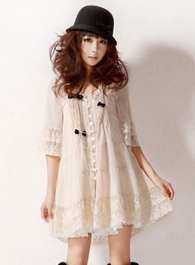 浪漫甜美喇叭袖雪纺蕾丝拼接修身连衣裙 A字裙*可定制特大码