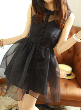 复古欧根纱假两件圆领网纱高腰蓬蓬裙公主连衣裙