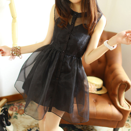 高腰公主蓬蓬裙复古欧根纱纯色