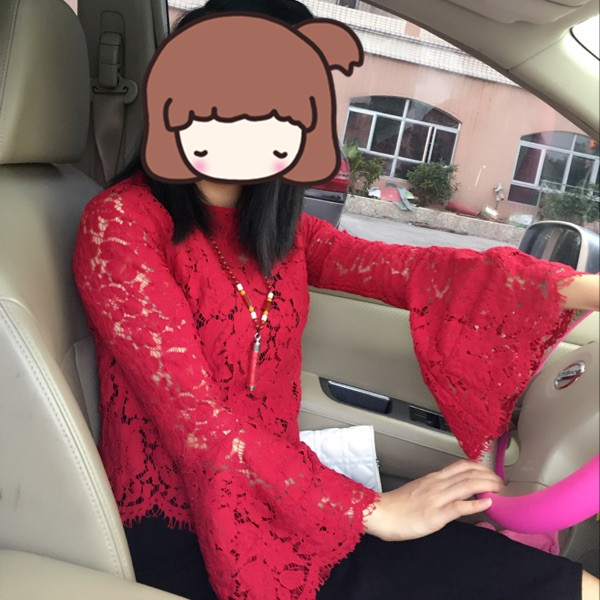 新款女装韩版镂空荷叶边喇叭长袖上衣股线蕾丝衫打底衫短款大码女