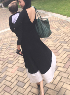 性感黑白撞色大V领前后两面穿气质显瘦前短后长燕尾大宽摆连衣裙